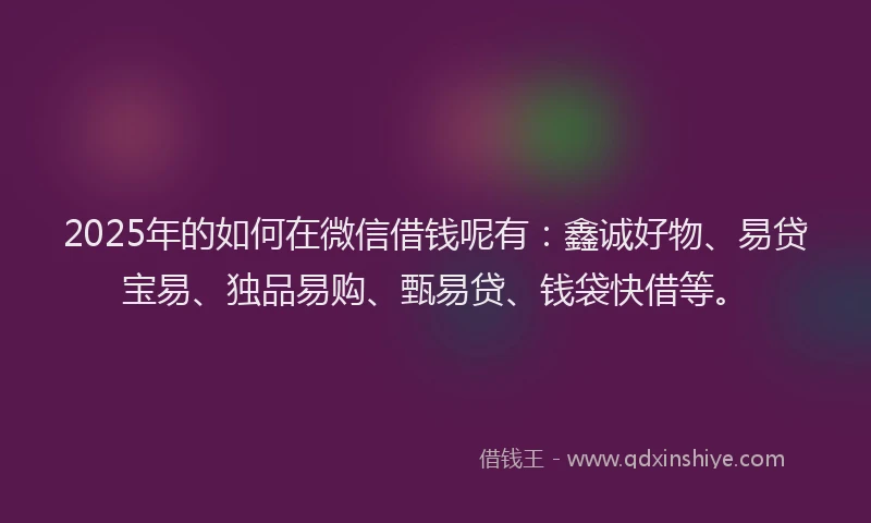 2025年的如何在微信借钱呢有：鑫诚好物、易贷宝易、独品易购、甄易贷、钱袋快借等。