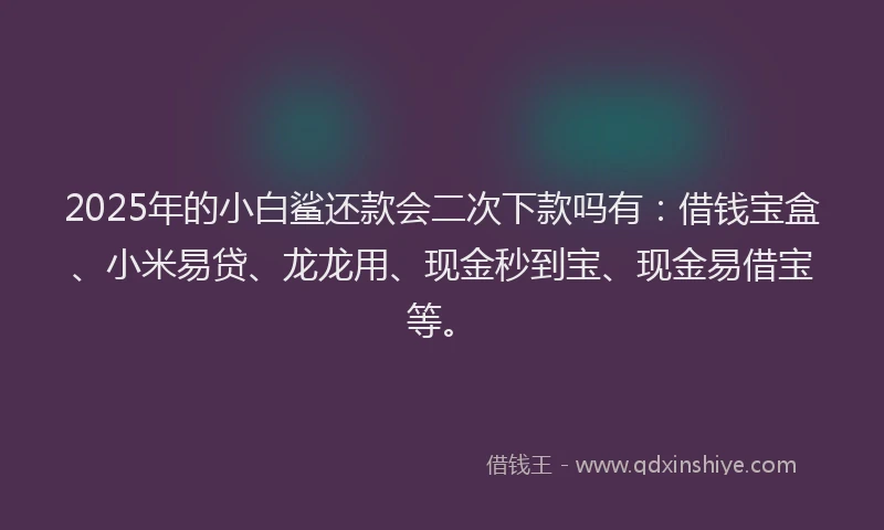 2025年的小白鲨还款会二次下款吗有：借钱宝盒、小米易贷、龙龙用、现金秒到宝、现金易借宝等。