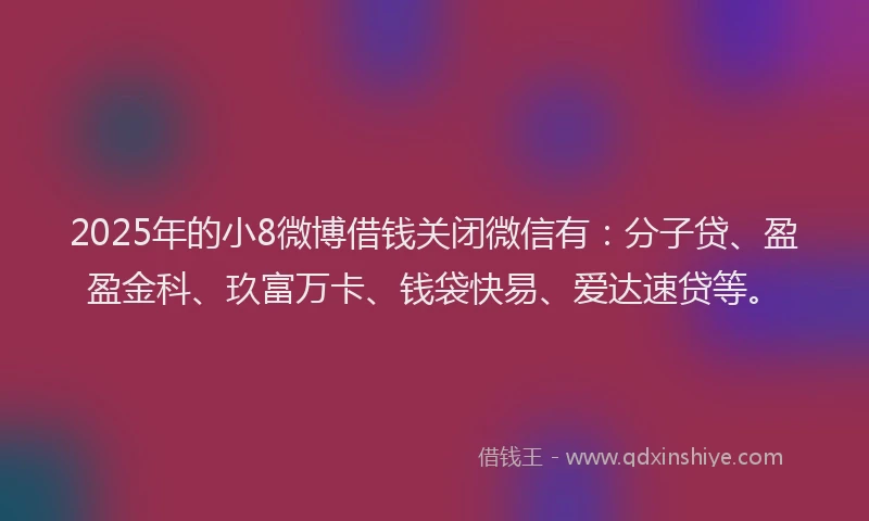 2025年的小8微博借钱关闭微信有：分子贷、盈盈金科、玖富万卡、钱袋快易、爱达速贷等。