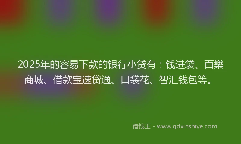 2025年的容易下款的银行小贷有：钱进袋、百樂商城、借款宝速贷通、口袋花、智汇钱包等。