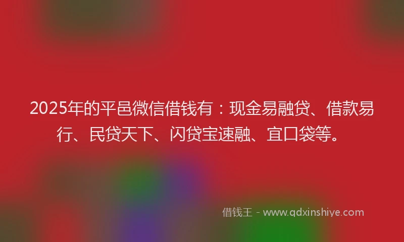 2025年的平邑微信借钱有：现金易融贷、借款易行、民贷天下、闪贷宝速融、宜口袋等。