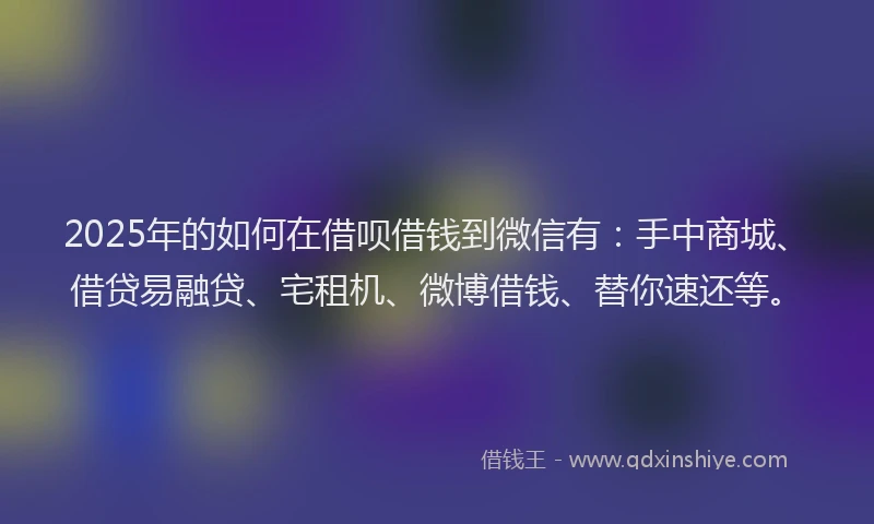 2025年的如何在借呗借钱到微信有：手中商城、借贷易融贷、宅租机、微博借钱、替你速还等。