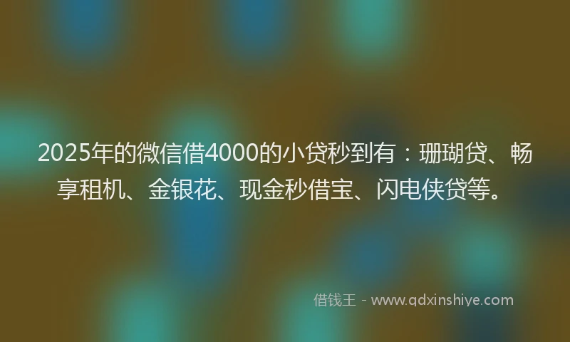 2025年的微信借4000的小贷秒到有：珊瑚贷、畅享租机、金银花、现金秒借宝、闪电侠贷等。