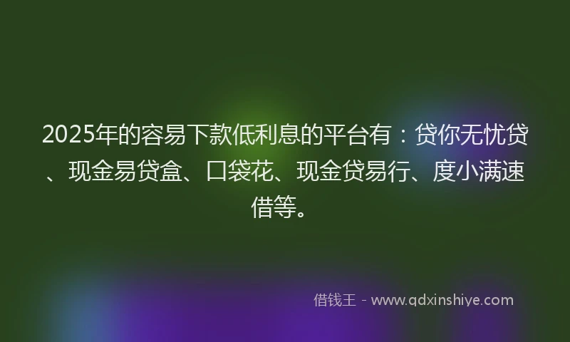 2025年的容易下款低利息的平台有：贷你无忧贷、现金易贷盒、口袋花、现金贷易行、度小满速借等。