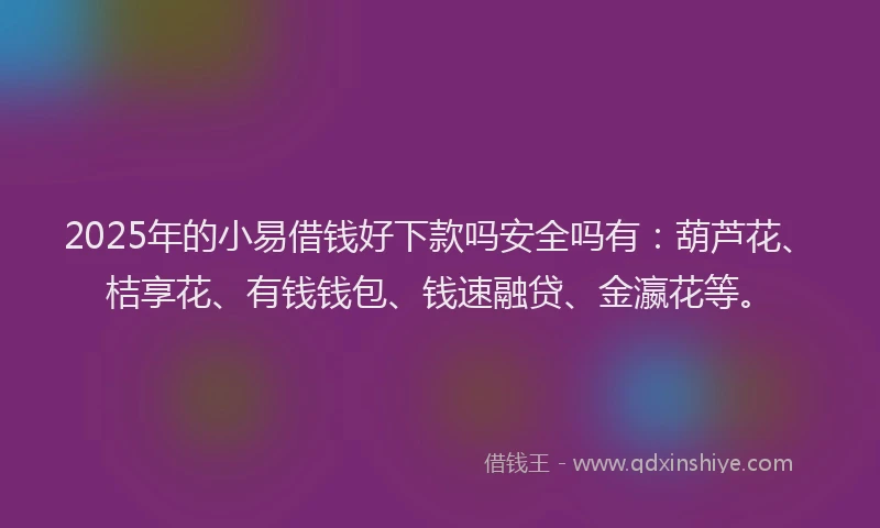 2025年的小易借钱好下款吗安全吗有：葫芦花、桔享花、有钱钱包、钱速融贷、金瀛花等。