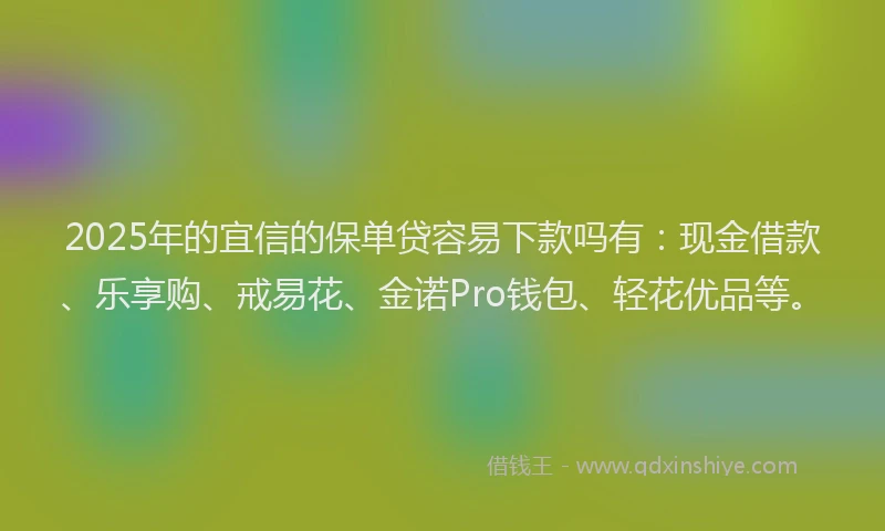 2025年的宜信的保单贷容易下款吗有：现金借款、乐享购、戒易花、金诺Pro钱包、轻花优品等。