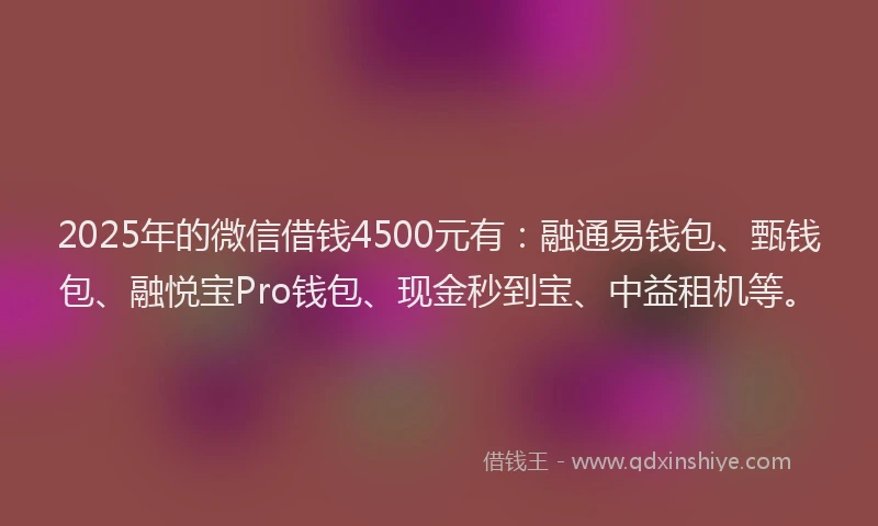 2025年的微信借钱4500元有：融通易钱包、甄钱包、融悦宝Pro钱包、现金秒到宝、中益租机等。