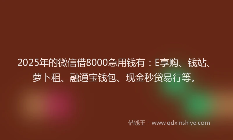 2025年的微信借8000急用钱有：E享购、钱站、萝卜租、融通宝钱包、现金秒贷易行等。