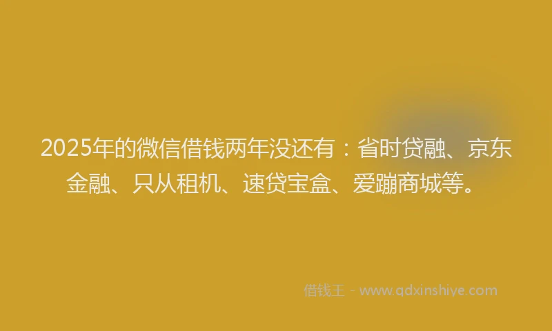 2025年的微信借钱两年没还有：省时贷融、京东金融、只从租机、速贷宝盒、爱蹦商城等。