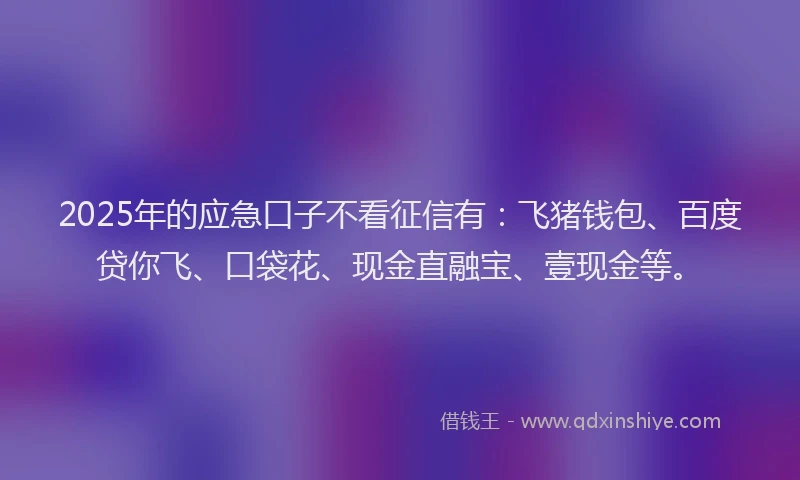 2025年的应急口子不看征信有：飞猪钱包、百度贷你飞、口袋花、现金直融宝、壹现金等。