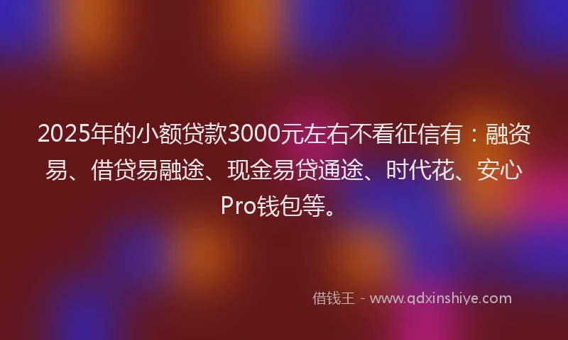 2025年的小额贷款3000元左右不看征信有：融资易、借贷易融途、现金易贷通途、时代花、安心Pro钱包等。