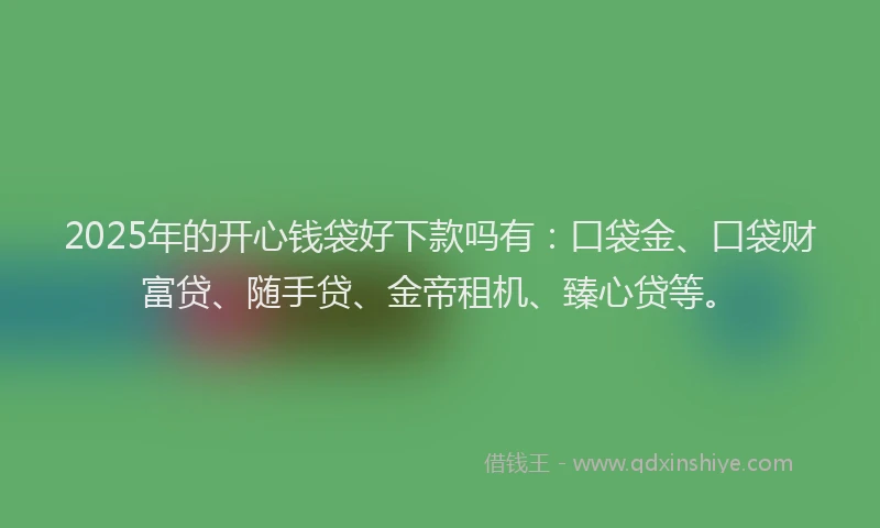 2025年的开心钱袋好下款吗有：口袋金、口袋财富贷、随手贷、金帝租机、臻心贷等。