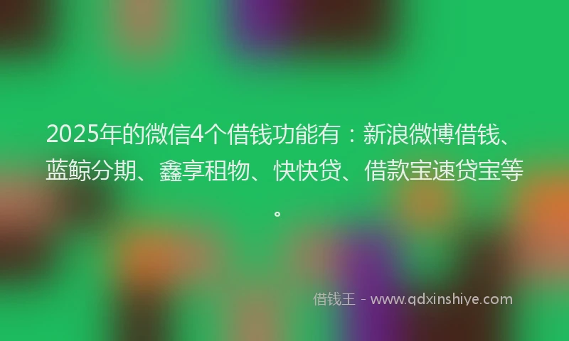 2025年的微信4个借钱功能有：新浪微博借钱、蓝鲸分期、鑫享租物、快快贷、借款宝速贷宝等。