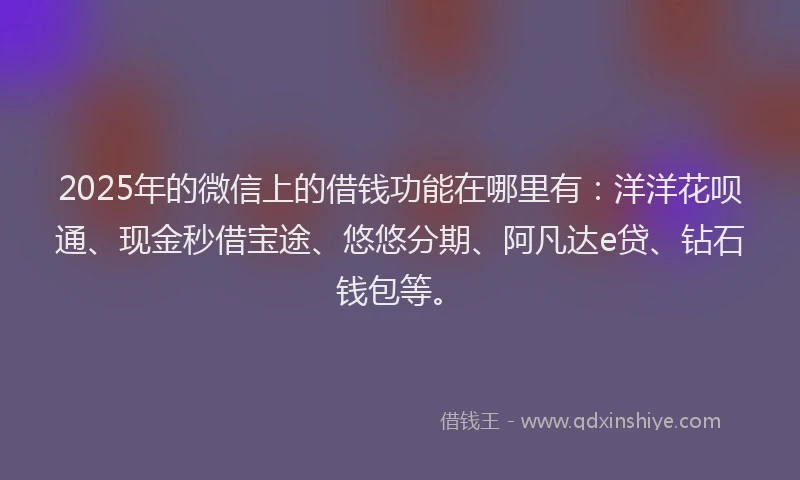 2025年的微信上的借钱功能在哪里有：洋洋花呗通、现金秒借宝途、悠悠分期、阿凡达e贷、钻石钱包等。