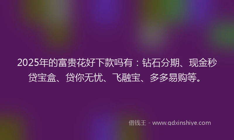 2025年的富贵花好下款吗有：钻石分期、现金秒贷宝盒、贷你无忧、飞融宝、多多易购等。