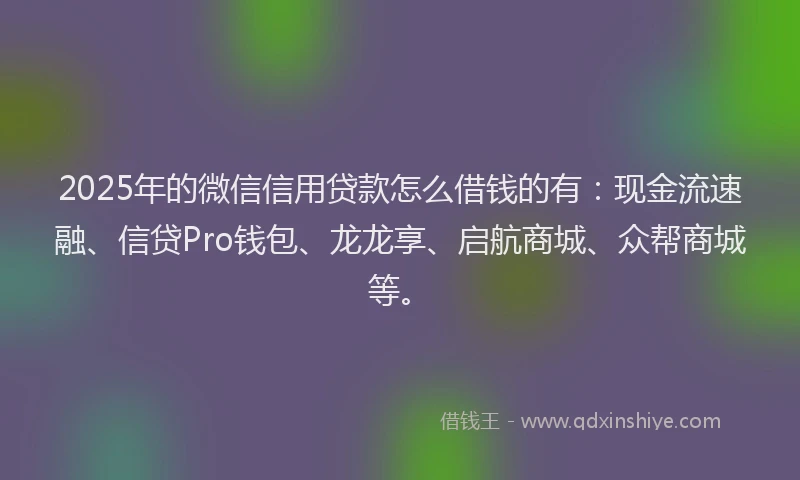 2025年的微信信用贷款怎么借钱的有：现金流速融、信贷Pro钱包、龙龙享、启航商城、众帮商城等。