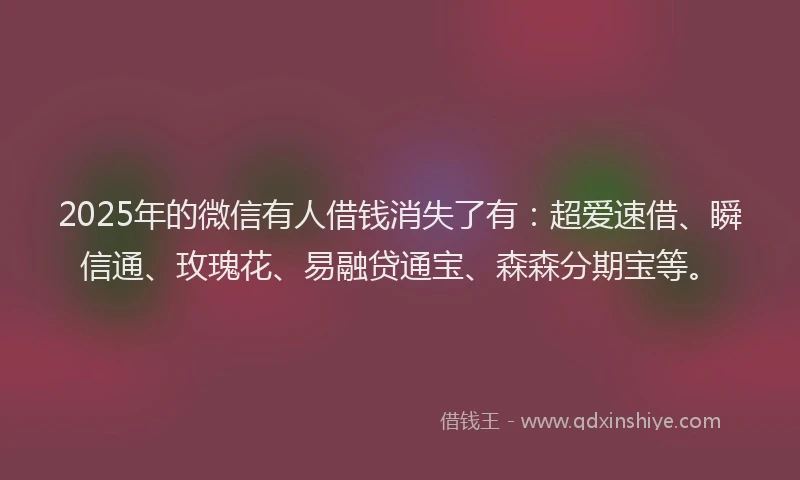2025年的微信有人借钱消失了有：超爱速借、瞬信通、玫瑰花、易融贷通宝、森森分期宝等。