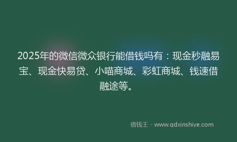 2025年的微信微众银行能借钱吗有：现金秒融易宝、现金快易贷、小喵商城、彩虹商城、钱速借融途等。