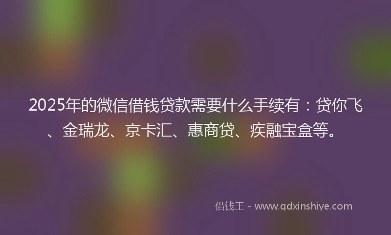 2025年的微信借钱贷款需要什么手续有：贷你飞、金瑞龙、京卡汇、惠商贷、疾融宝盒等。