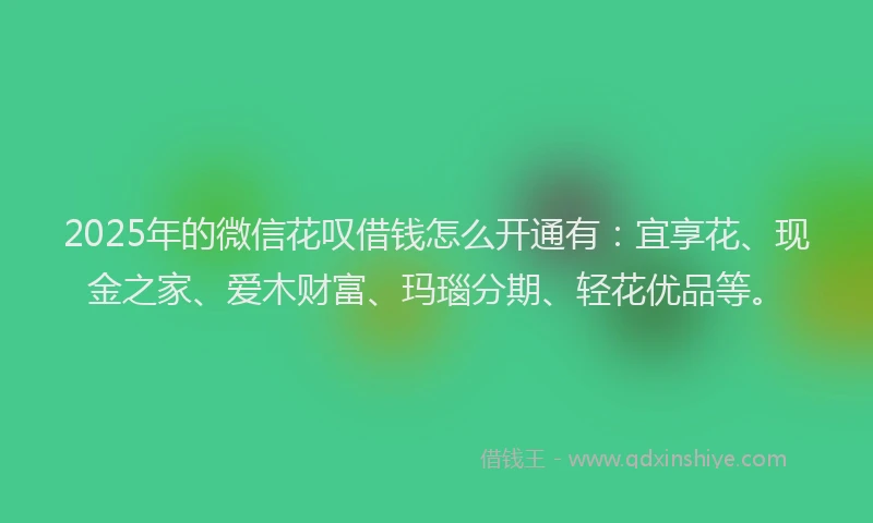 2025年的微信花叹借钱怎么开通有：宜享花、现金之家、爱木财富、玛瑙分期、轻花优品等。