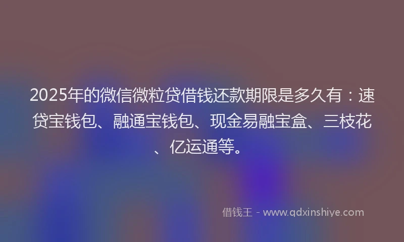 2025年的微信微粒贷借钱还款期限是多久有：速贷宝钱包、融通宝钱包、现金易融宝盒、三枝花、亿运通等。