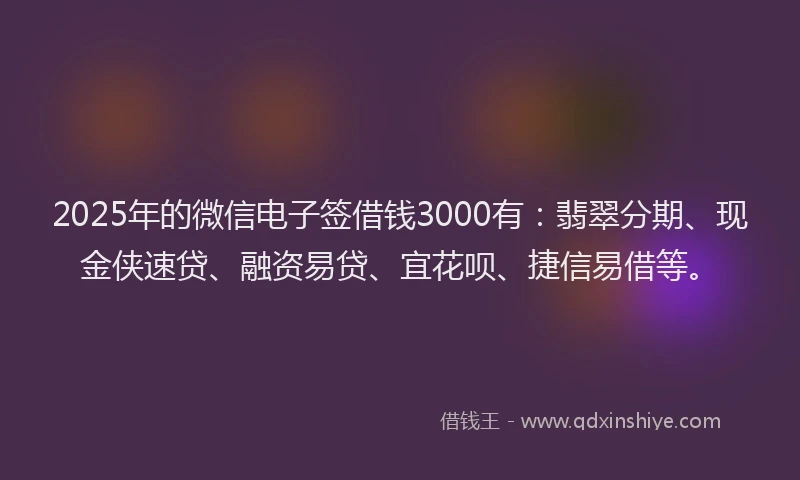 2025年的微信电子签借钱3000有：翡翠分期、现金侠速贷、融资易贷、宜花呗、捷信易借等。