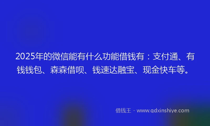 2025年的微信能有什么功能借钱有：支付通、有钱钱包、森森借呗、钱速达融宝、现金快车等。