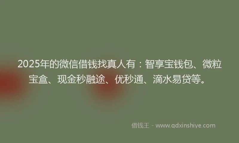 2025年的微信借钱找真人有：智享宝钱包、微粒宝盒、现金秒融途、优秒通、滴水易贷等。