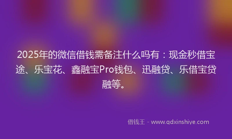 2025年的微信借钱需备注什么吗有：现金秒借宝途、乐宝花、鑫融宝Pro钱包、迅融贷、乐借宝贷融等。