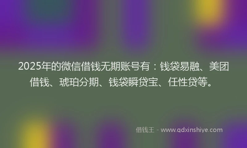 2025年的微信借钱无期账号有：钱袋易融、美团借钱、琥珀分期、钱袋瞬贷宝、任性贷等。