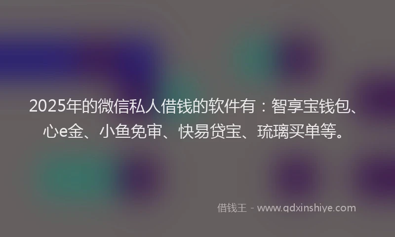 2025年的微信私人借钱的软件有：智享宝钱包、心e金、小鱼免审、快易贷宝、琉璃买单等。