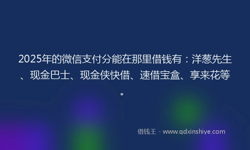 2025年的微信支付分能在那里借钱有：洋葱先生、现金巴士、现金侠快借、速借宝盒、享来花等。