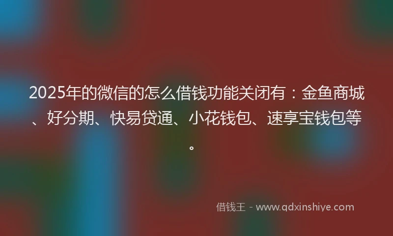 2025年的微信的怎么借钱功能关闭有：金鱼商城、好分期、快易贷通、小花钱包、速享宝钱包等。