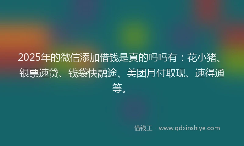 2025年的微信添加借钱是真的吗吗有：花小猪、银票速贷、钱袋快融途、美团月付取现、速得通等。