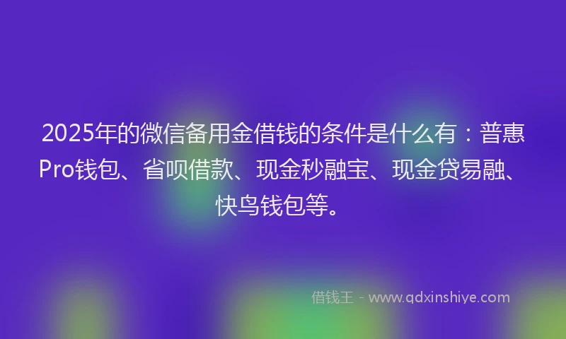 2025年的微信备用金借钱的条件是什么有：普惠Pro钱包、省呗借款、现金秒融宝、现金贷易融、快鸟钱包等。