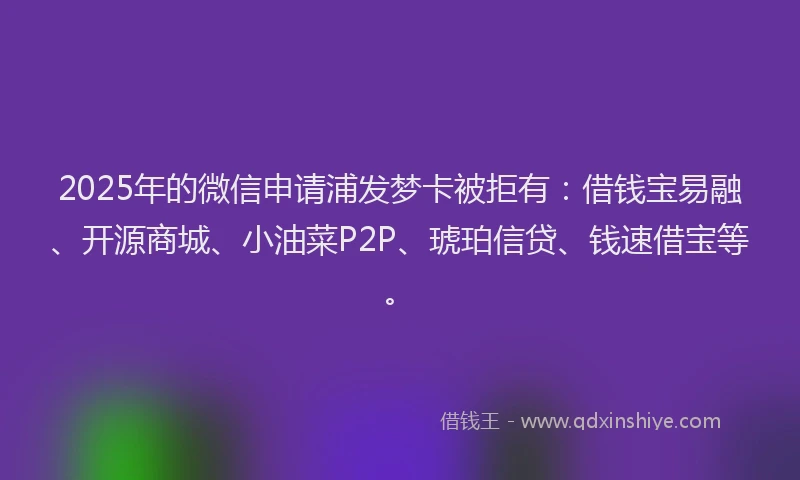 2025年的微信申请浦发梦卡被拒有：借钱宝易融、开源商城、小油菜P2P、琥珀信贷、钱速借宝等。