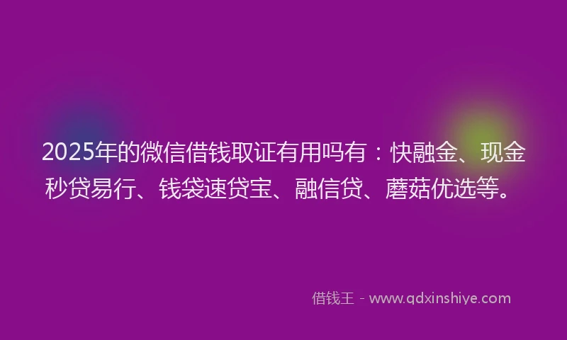 2025年的微信借钱取证有用吗有：快融金、现金秒贷易行、钱袋速贷宝、融信贷、蘑菇优选等。