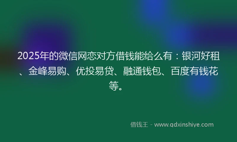 2025年的微信网恋对方借钱能给么有：银河好租、金峰易购、优投易贷、融通钱包、百度有钱花等。