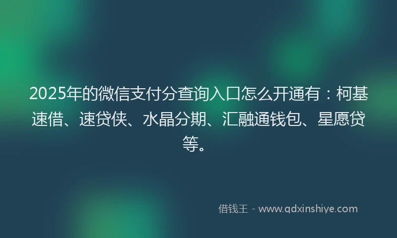 2025年的微信支付分查询入口怎么开通有：柯基速借、速贷侠、水晶分期、汇融通钱包、星愿贷等。