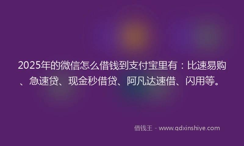 2025年的微信怎么借钱到支付宝里有：比速易购、急速贷、现金秒借贷、阿凡达速借、闪用等。