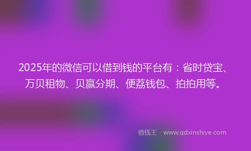 2025年的微信可以借到钱的平台有：省时贷宝、万贝租物、贝赢分期、便荔钱包、拍拍用等。