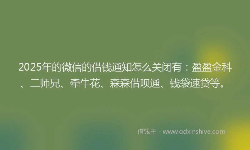 2025年的微信的借钱通知怎么关闭有：盈盈金科、二师兄、牵牛花、森森借呗通、钱袋速贷等。