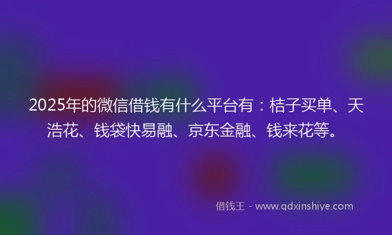 2025年的微信借钱有什么平台有：桔子买单、天浩花、钱袋快易融、京东金融、钱来花等。