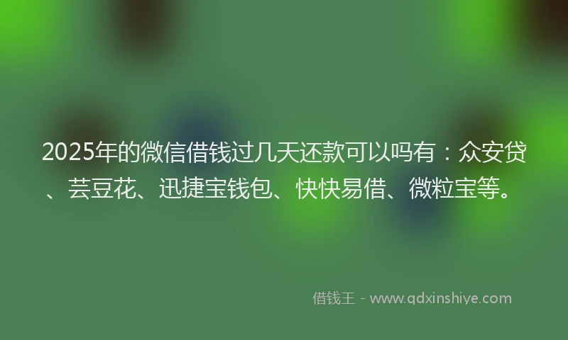 2025年的微信借钱过几天还款可以吗有：众安贷、芸豆花、迅捷宝钱包、快快易借、微粒宝等。