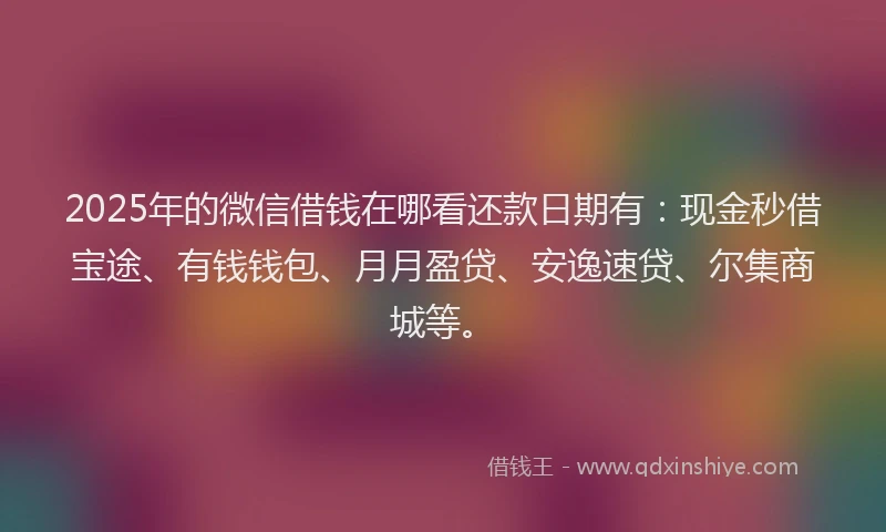2025年的微信借钱在哪看还款日期有：现金秒借宝途、有钱钱包、月月盈贷、安逸速贷、尔集商城等。