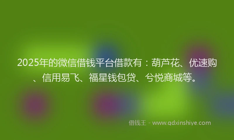 2025年的微信借钱平台借款有：葫芦花、优速购、信用易飞、福星钱包贷、兮悦商城等。