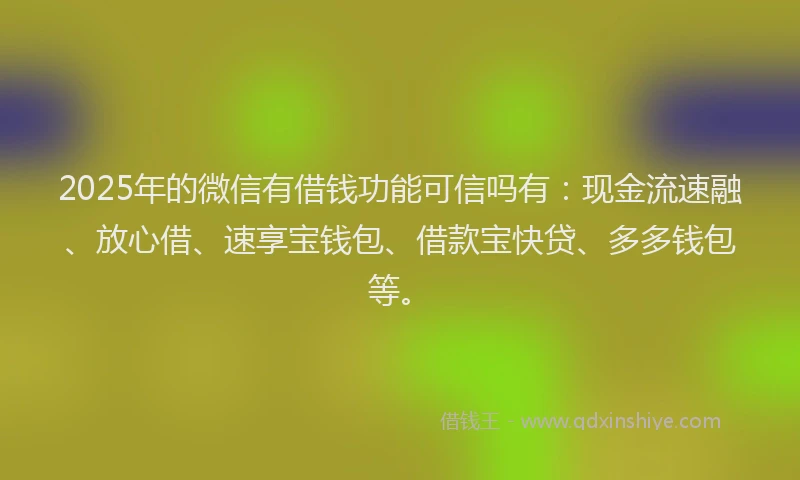 2025年的微信有借钱功能可信吗有：现金流速融、放心借、速享宝钱包、借款宝快贷、多多钱包等。