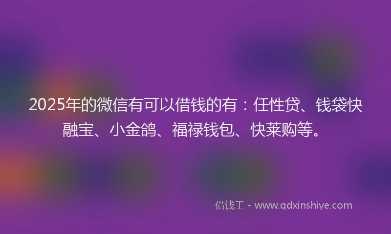 2025年的微信有可以借钱的有：任性贷、钱袋快融宝、小金鸽、福禄钱包、快莱购等。