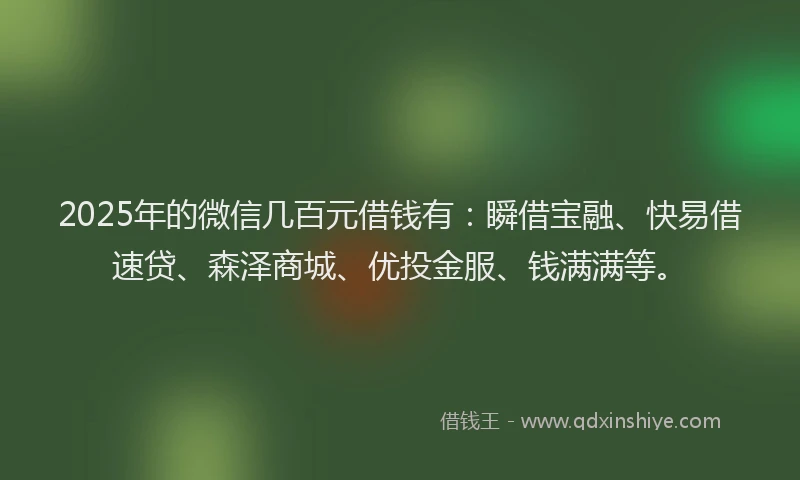 2025年的微信几百元借钱有：瞬借宝融、快易借速贷、森泽商城、优投金服、钱满满等。