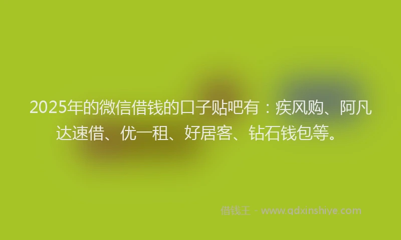 2025年的微信借钱的口子贴吧有：疾风购、阿凡达速借、优一租、好居客、钻石钱包等。